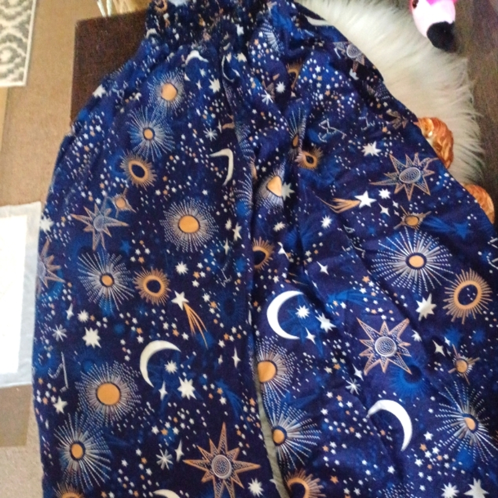 Blue and Orange Celestial Pajama Bottoms with Cosmic Patterns